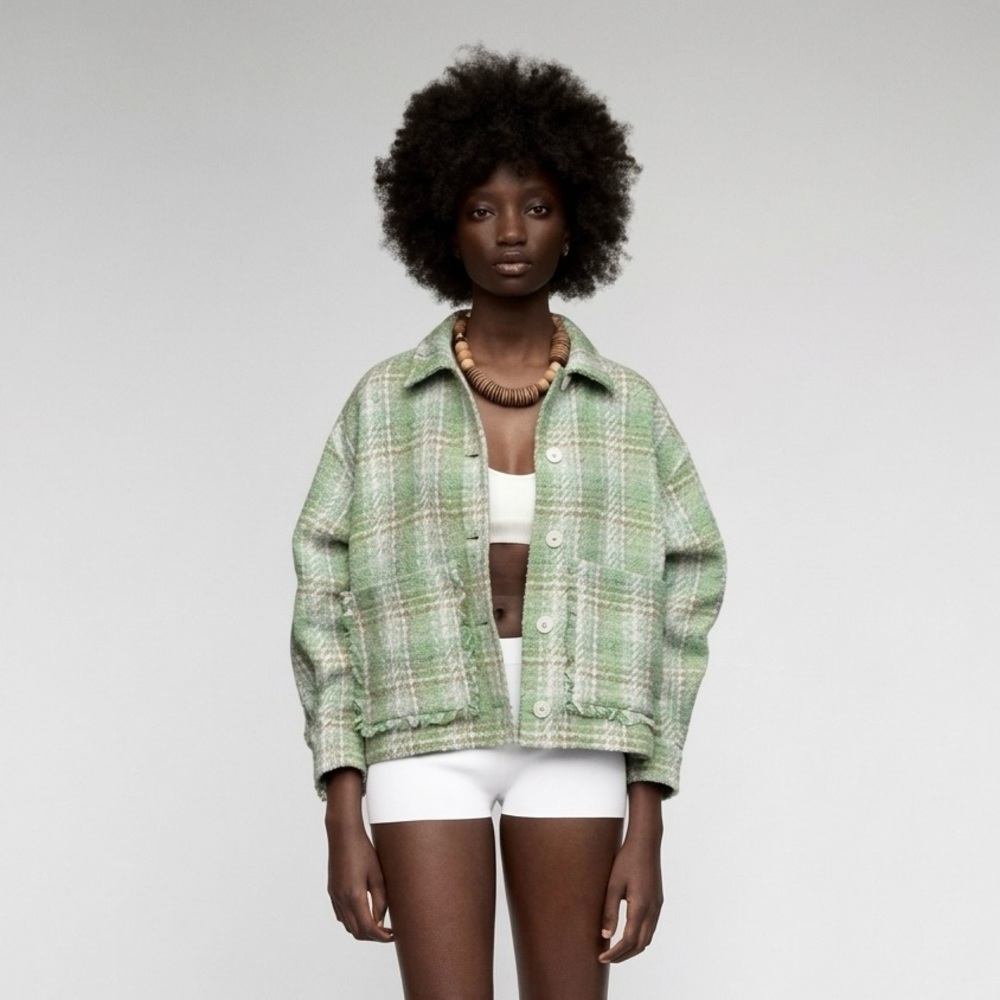 Zara Tweed Cropped Overshirt Size XS in Green/Ecru